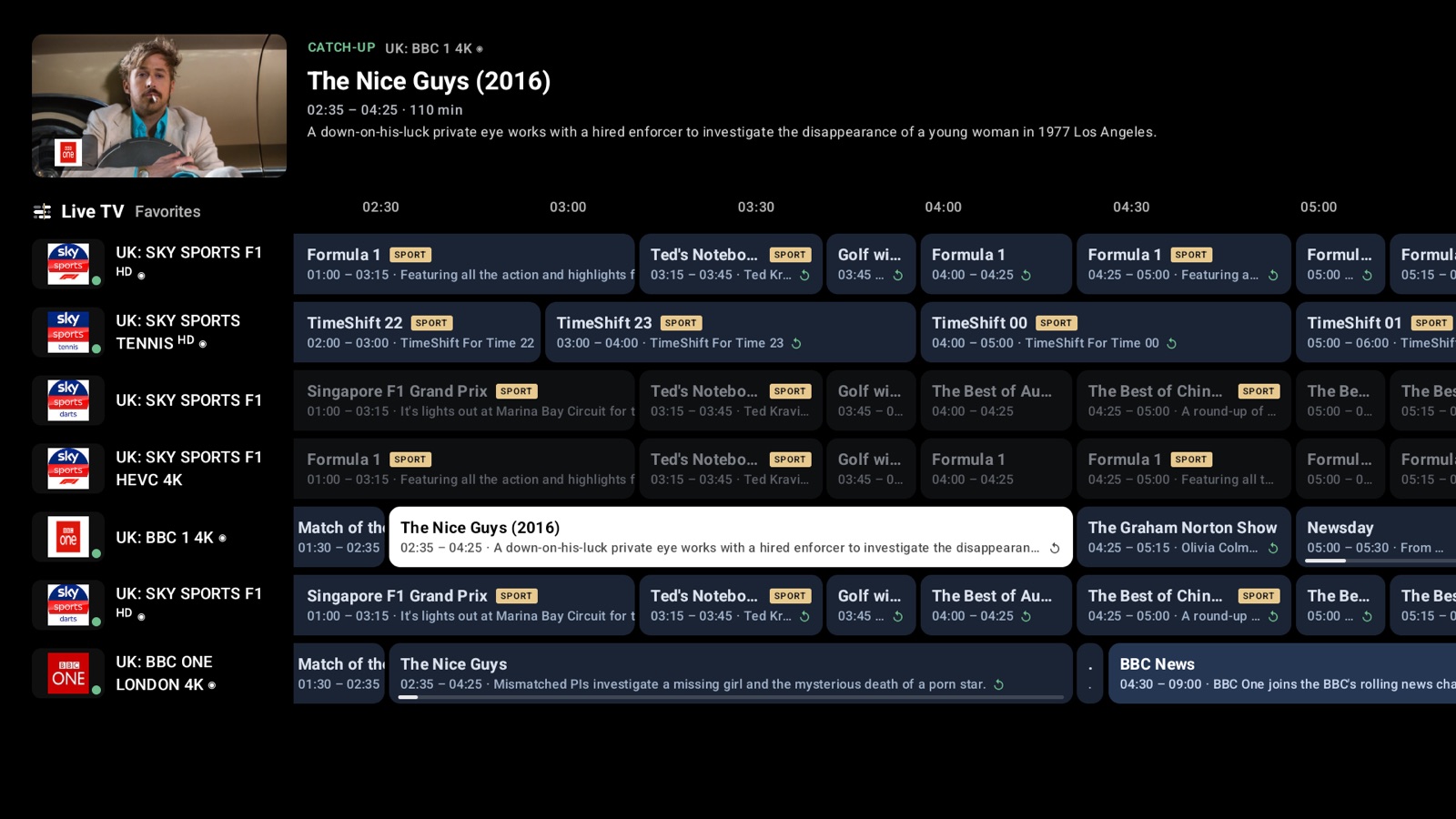 TV guide with live preview, catch-up and programme picture