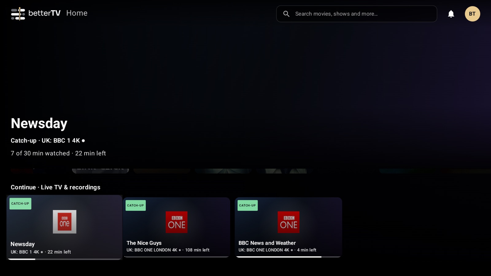Continue Live TV and recordings row on Home