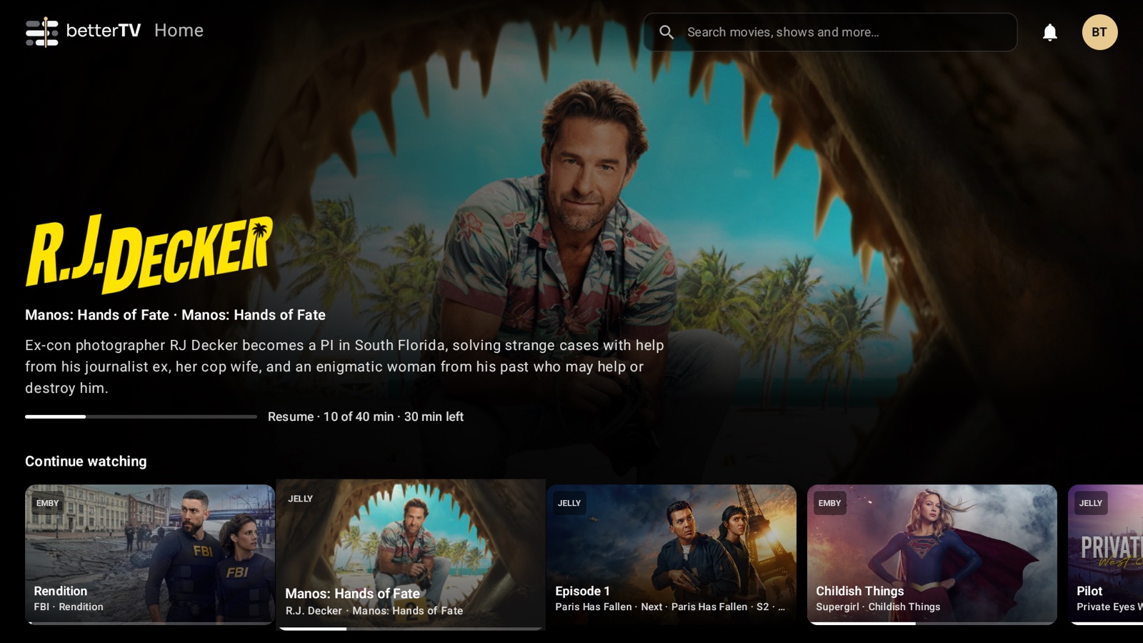 Continue Watching across Emby, Jellyfin and IPTV with a full-screen spotlight